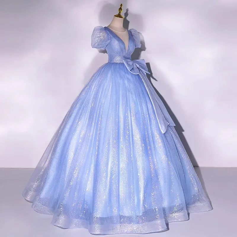 ชุดราตรีสีน้ำเงินแบบสั่งตัดสำหรับงาน Quinceanera คอวี แต่งโบว์ สำหรับงานพรอม งานวันเกิด ชุดราตรี Vestido De Noche robes de soirée