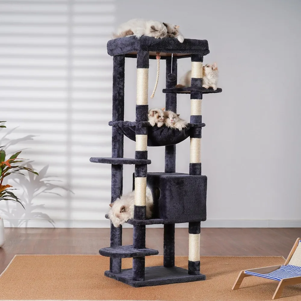 

Cat Tree for Large Cats 20 Lbs 60 Inches XXL Cat Tower Multi-Level Cat Furniture Condo with Big Padded Plush Perch,Cozy Basket