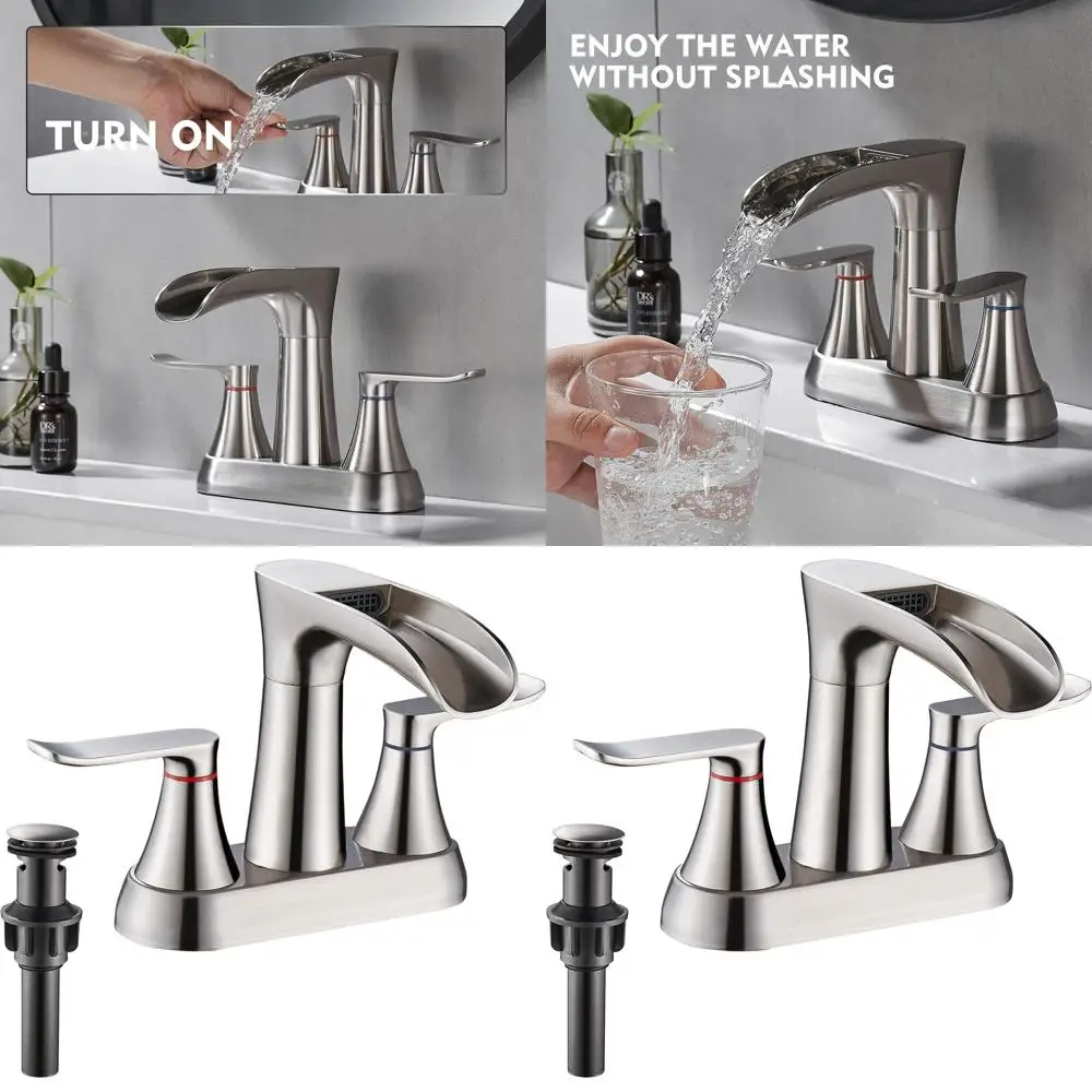 

4 Centerset Waterfall Faucet in Brushed Nickel with 2 Handles, 360° Swivel Spout, for 3-Hole Sinks, Includes Pop-Up Drain