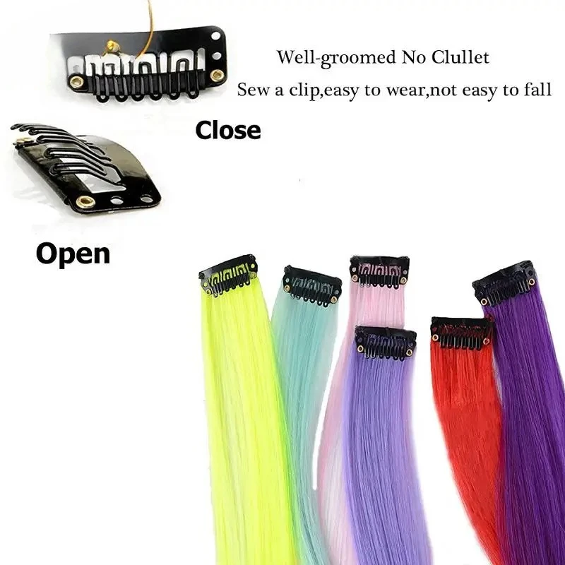 وصلة شعر صناعية طويلة مستقيمة، قطعة شعر ملونة بألوان قوس قزح، قطعة شعر أرجوانية حمراء وزرقاء للنساء