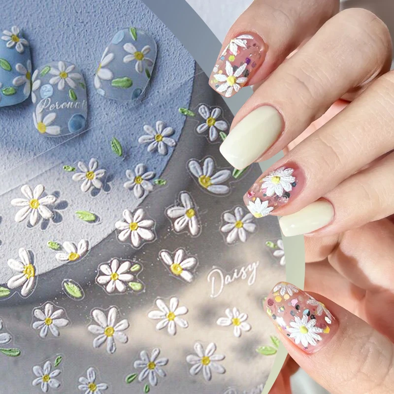 2 Stück 5D geprägte weiße Gänseblümchen-Nagelaufkleber, grünes Blatt, florale selbstklebende Nagelaufkleber, Frühling, Sommer, DIY-Maniküre-Dekor