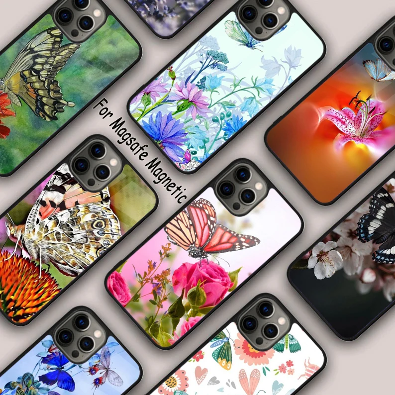 Butterfly Flower Insect Art Magnetic Phone Case For APPLE iPhone 16 14 13 12 11 Pro Max 15 Plus Wireless Charge MagSafe Cover