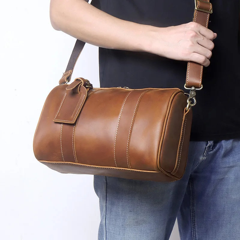 

Vintage Crazy Horse Leather Crossbody Bag Men's Barrel Bag Large Capacity Messenger Bag Genuine Leather