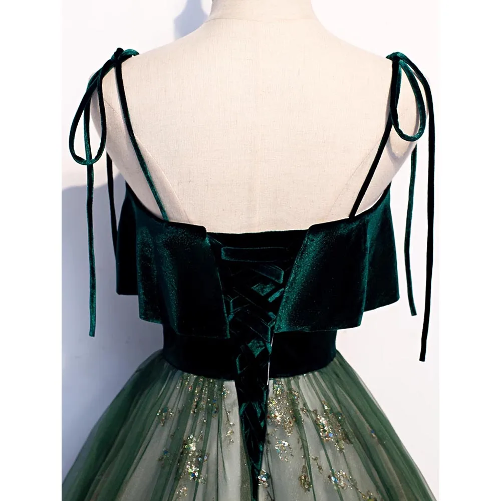 Elegante abito da sera verde Velet Tulle cuciture processo Spaghetti Strap Backless a-line lunghezza del pavimento abiti da sera formali