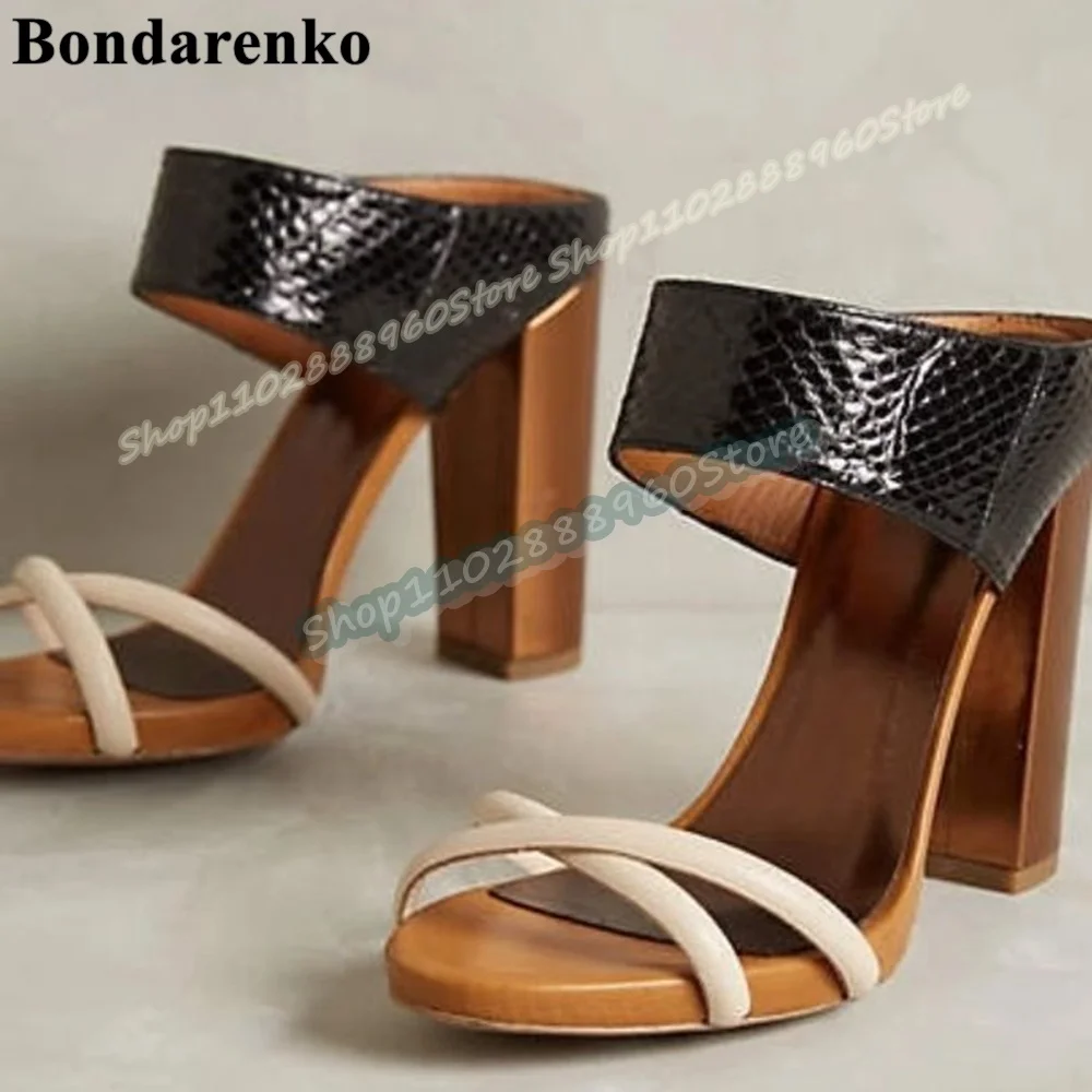 

Mixed Narrow Cross Strap Leather Half Slippers Chunky High Heel Shoes For Women Slip On Open Toe Casual Trendy Party Slippers