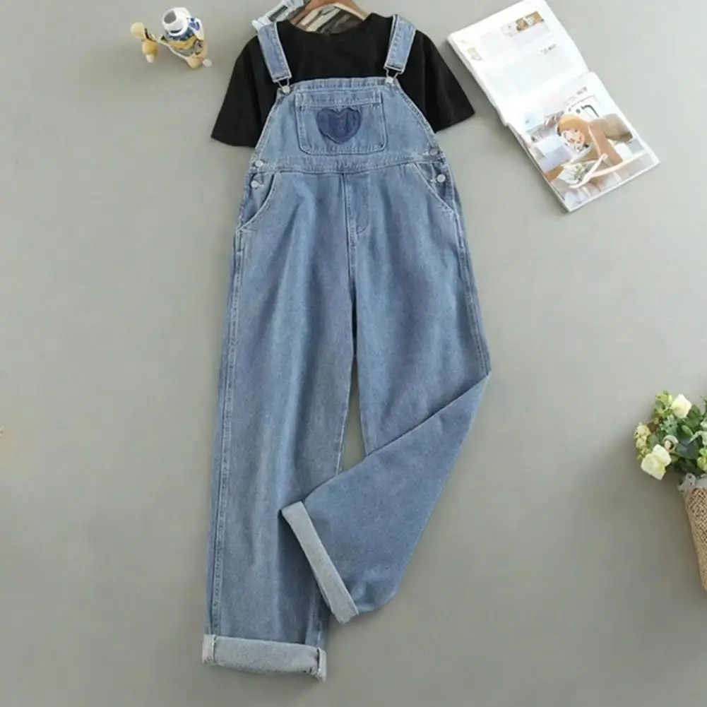Denim Overalls for Women Loose Fit Classic Bib Casual Jean Denim Overall Jumpsuit Tapered Leg Jean Pants with Front Heart Pocket
