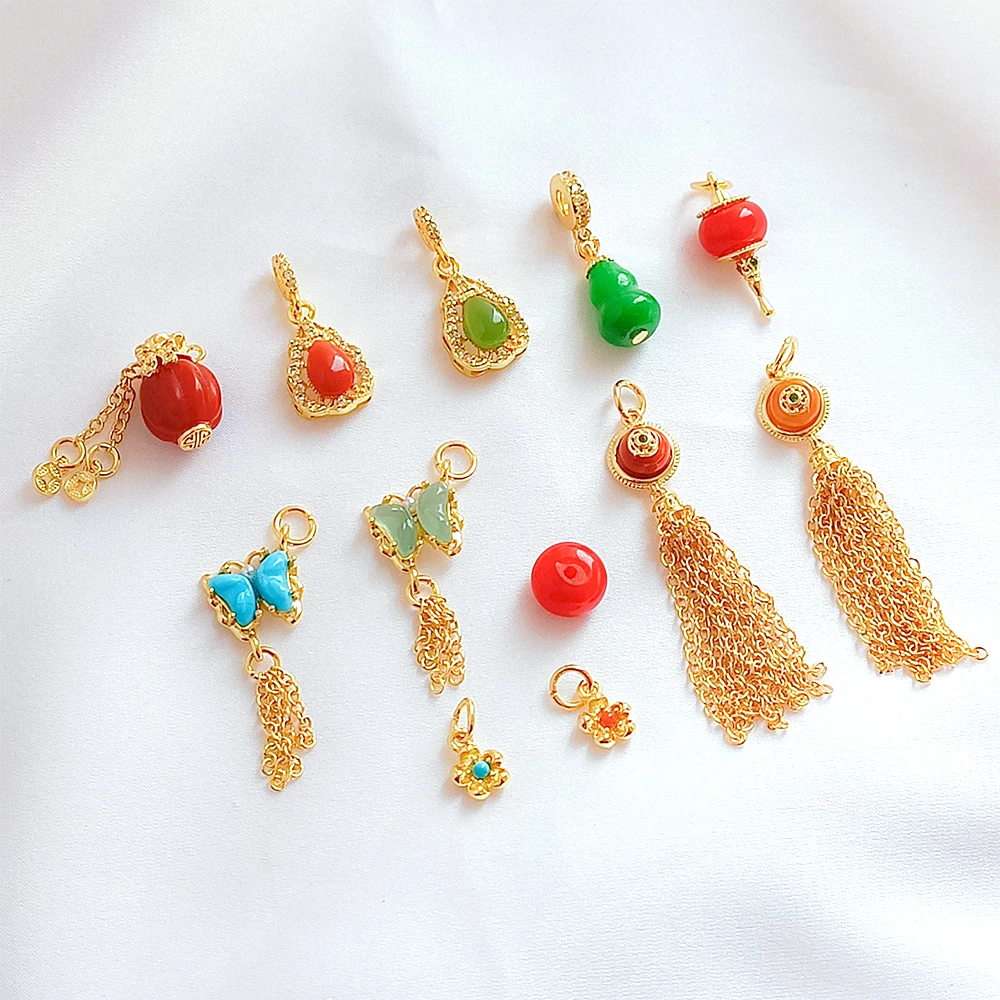 Brass Coated Gold Inlaid Raw Stone Tassel Butterfly Gourd Pendant DIY Jewelry Making Necklace Bracelet Accessory Materials