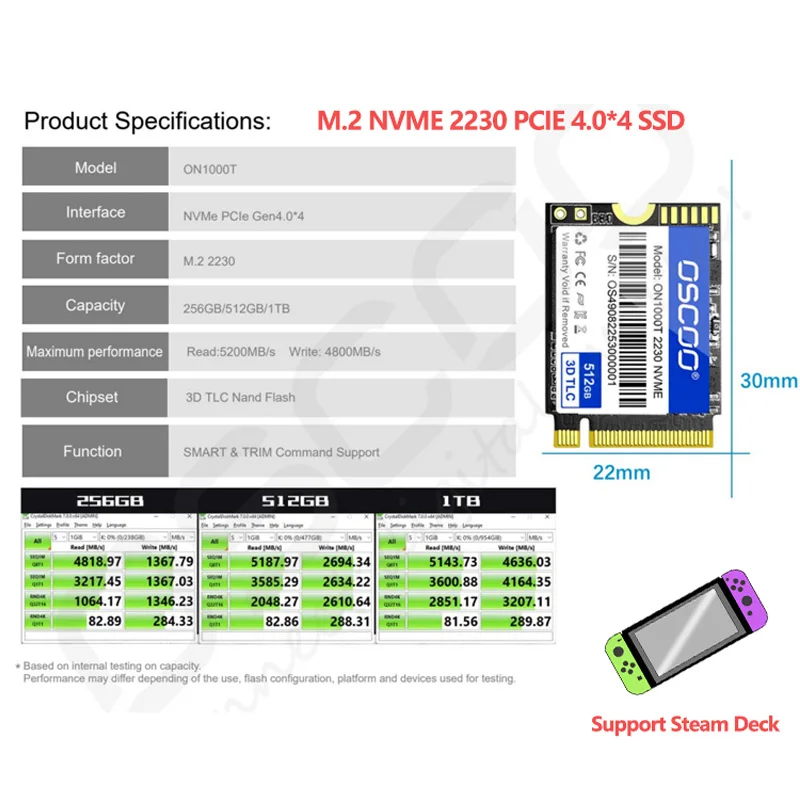 OSCOO Ssd 2230 for Steam Deck M2 Pcie 4.0 Disk Solid State Drives 256gb 512gb 1tb Untuk Dek Uap Laptop Rog Ally Komputer