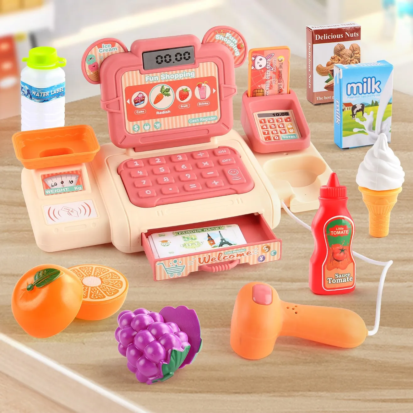 Supermarket Cash Register Toys Shopping Intelligent Recognition Pretend Play with Scanner Microphone Credit Card Toy