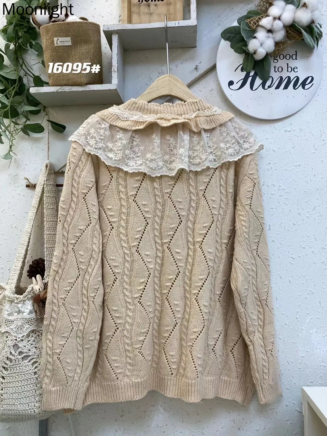 Dolce pizzo lavorato a maglia maglione scavato Cardigan cappotto sciolto Top giapponese Mori ragazza rotonda monopetto manica lunga maglieria