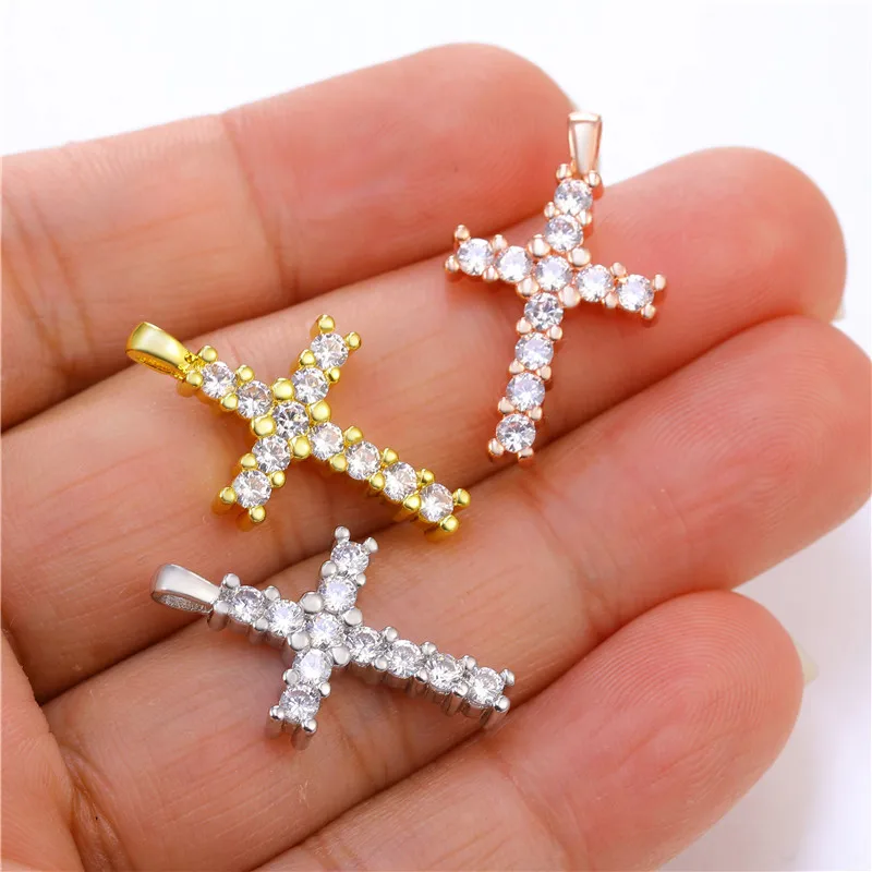 Juya 4Pcs/Lot 18K Gold Plated Handmade Cubic Zirconia Christian Cross Pendants For DIY Women Religious Talisman Jewelry Making