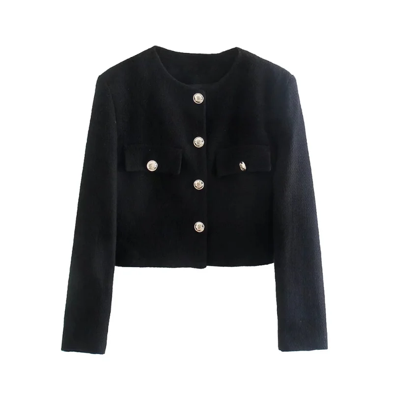  Tweed Women Black Vintage Office Lady Single Breasted Blazer Female Casual Slim Short Blazer Coats Tweed Jacket Black Tops