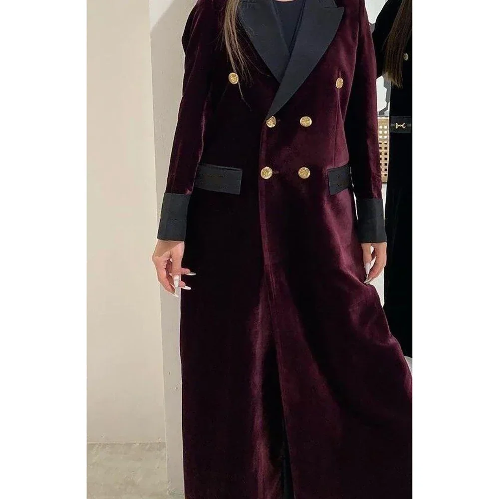 Fashion Velvet Women Jacket Burgundy High-end Patchwork Long Coat Chic Notch Lapel Double Breasted Daily Causal Office Jacket