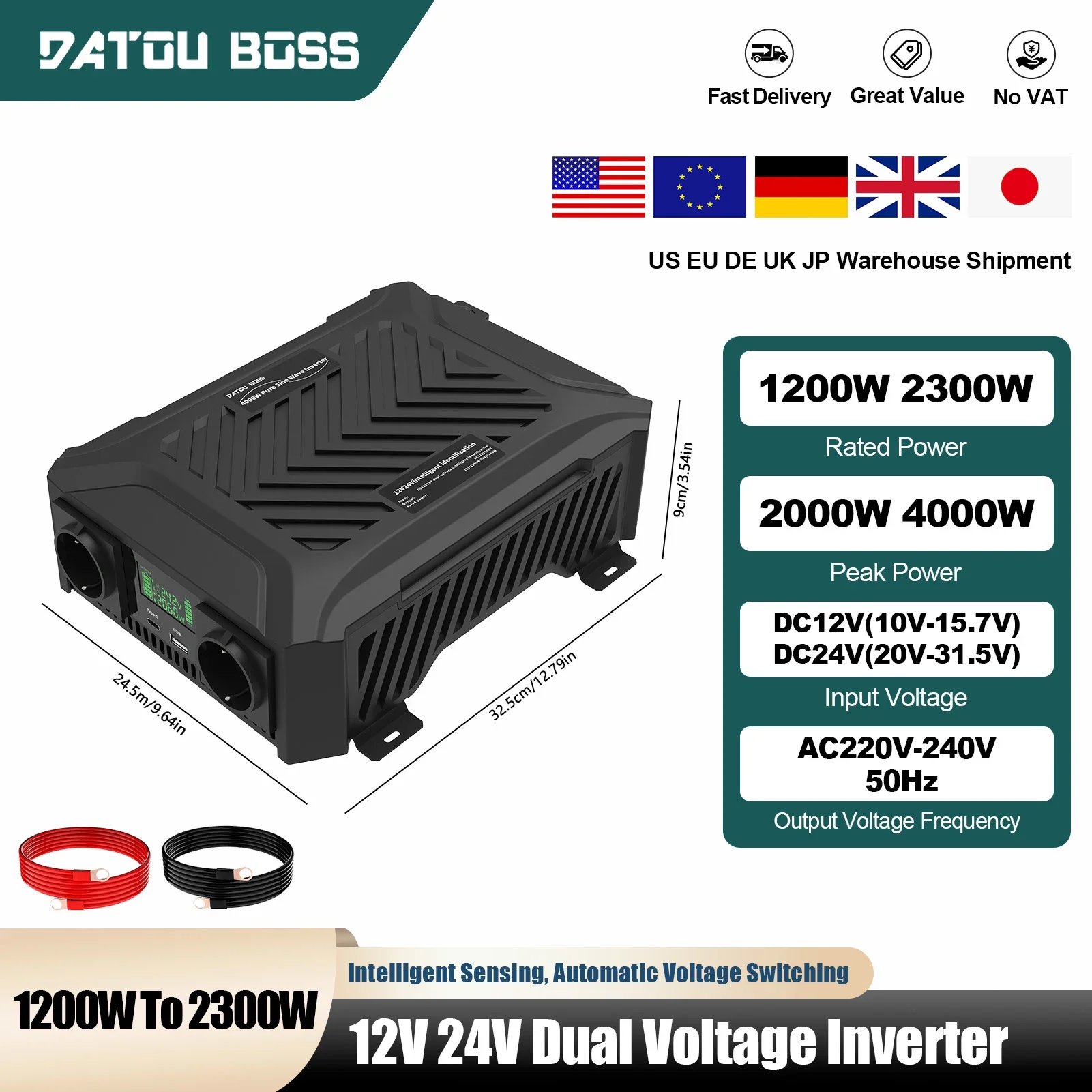 DATOUBOSS 1200 W 2300 W tragbarer Dual-Spannungs-Wechselrichter DC12V-24V Auto-Switching PureSineWave-Wechselrichter für RV Off-Grid-Solarsystem