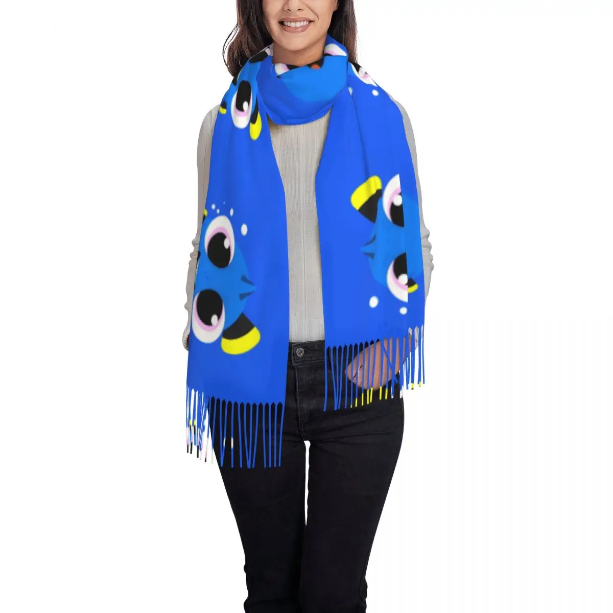 Custom Cute Dory Scarf Wrap for Women Long Winter Fall Warm Tassel Shawl Unisex Finding Nemo Scarves