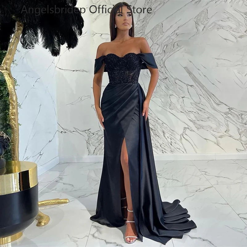 

Angelsbridep Black Mermaid Evening Dresses Sweetheart Pleated Sexy Side Slit Prom Dress Saudi Arabia Beaded Lace Party Gowns