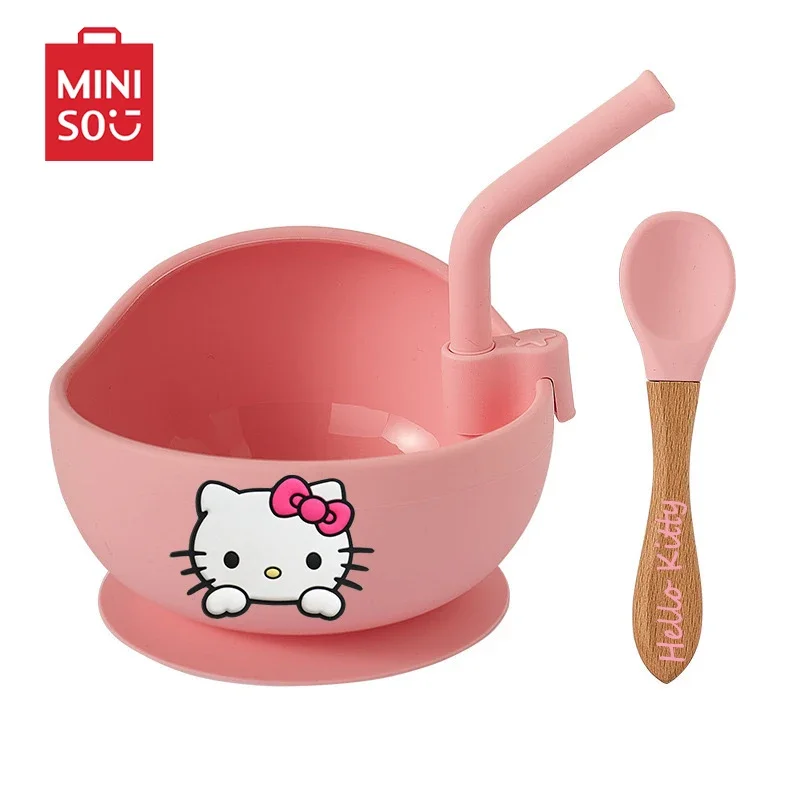 

Sanrio Hello Kitty Children Tableware Silicone Sucker Bowl Spoon Drinking Straw Baby Cartoon Complementary Food Dinner Plate