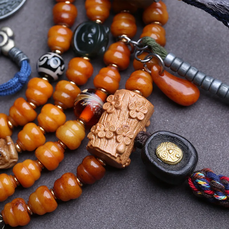Yak Carving, Gourd-Shaped Crossbody Necklace, Buddhist , Agate, Glass Beads, Sandalwood, And Bone Accessories
