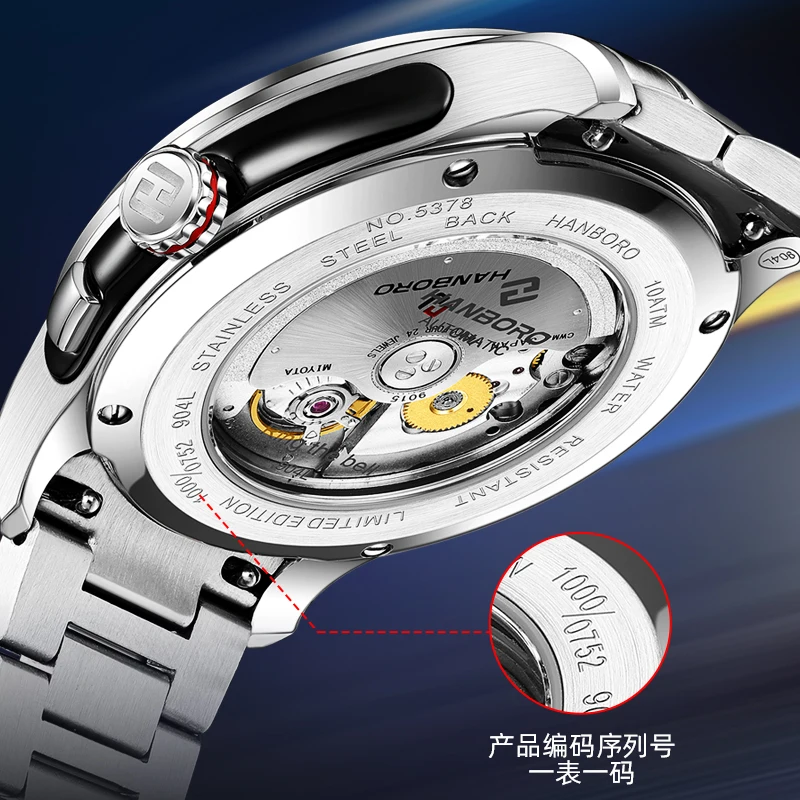 HANBORO Men Automatic Watch 41.5mm Alarm Mechanical Wristwatch Ring The Bell 5ATM Waterproof Sapphire Luminous Skeleton Dial view 3