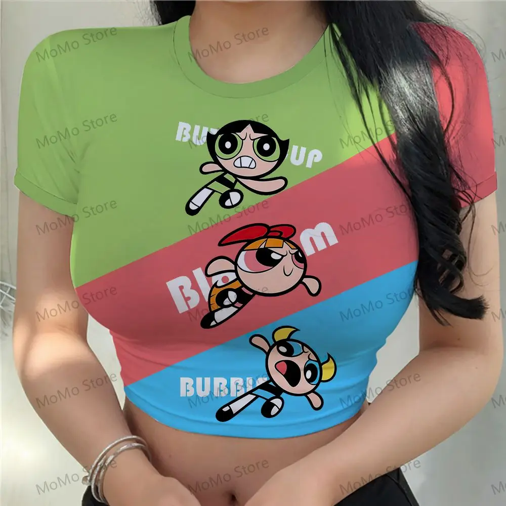 Kawaii The Powerpuff Girls Women's Crop Top T-shirt Ladies Fashion Sexy T-shirts Y2k O Neck Streetwear New 3D Print 2024 Summer