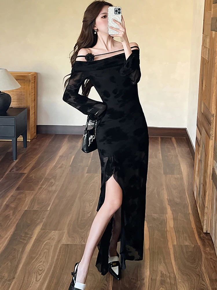 

2025 Black Mesh Flocking Floral Ruffled Long Dress Women Fashion Chic Slash Neck Sexy Club Dress Autumn Winter Elegant Vestidos