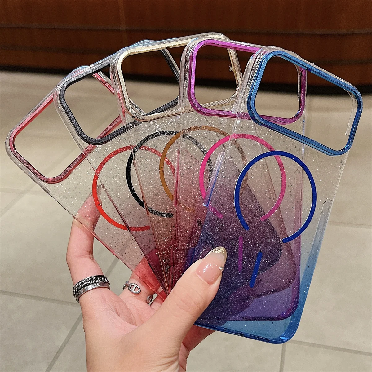 Para magsafe magnético glitter gradiente caso de telefone para iphone 17 ar 16e 16 15 plus 14 13 12 11 pro max claro duro capa traseira