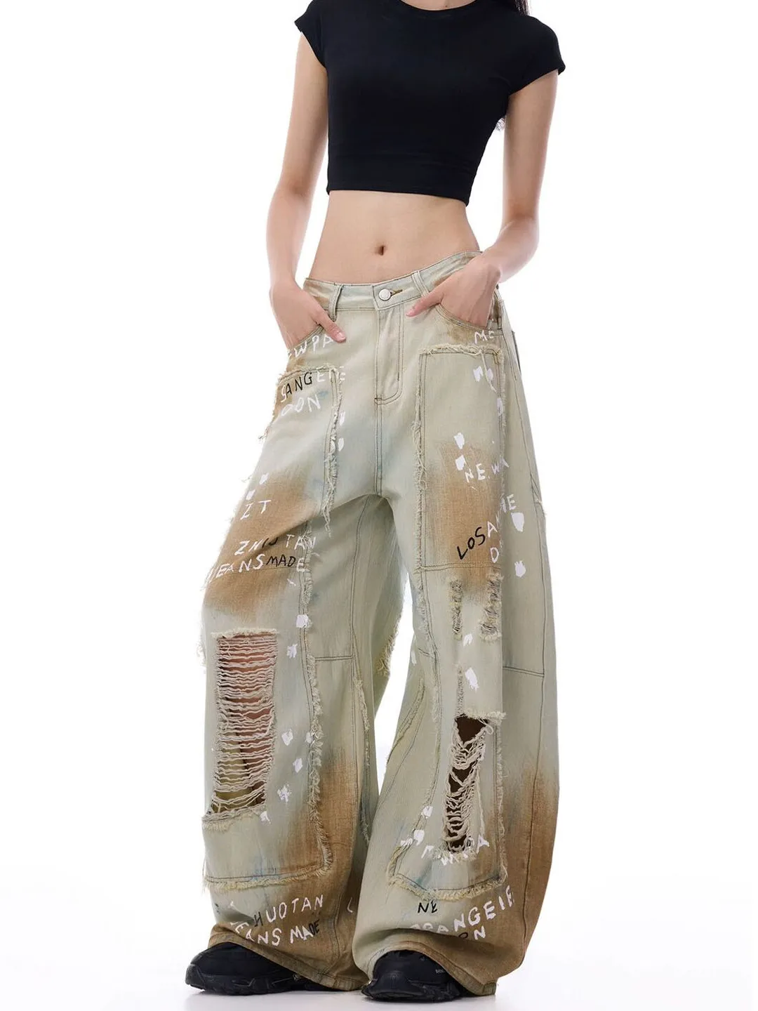 Ripped Denim Jeans Women's Summer New Design Letter Print Graffiti Wide Leg Pants High Waist Blue Cotton Anti-Dirt Resistant