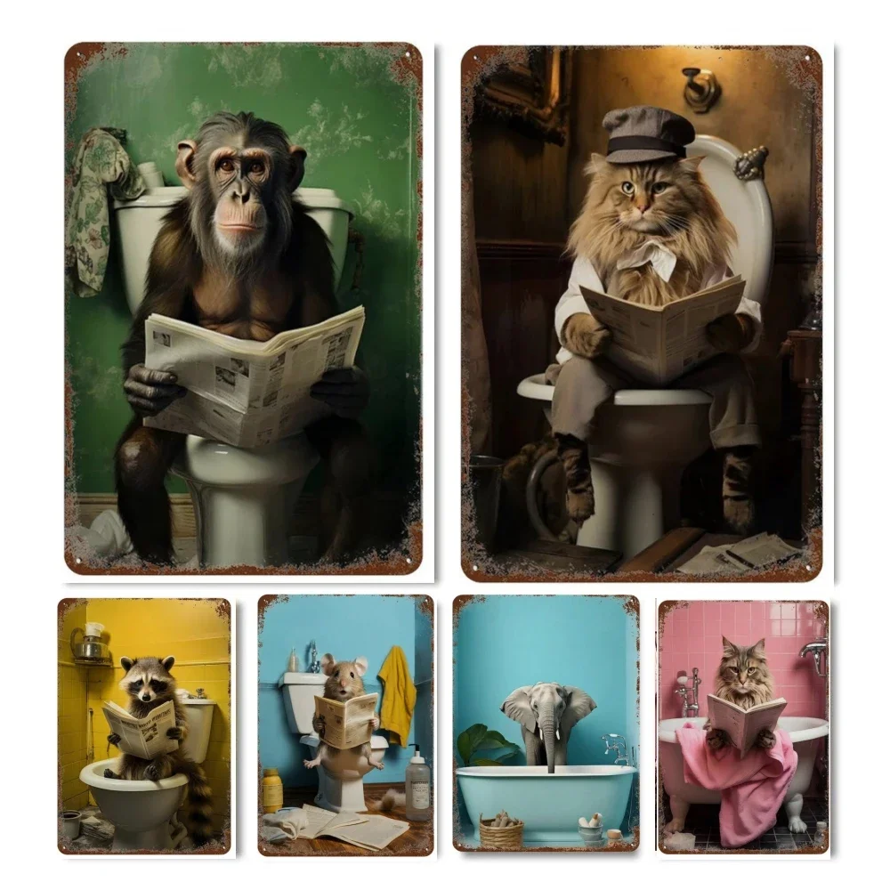 Funny Animals Toilet Metal Signs Decor Gorilla Elephant Cat Dog Wall Art Tin Sign Posters Picture for Bathroom