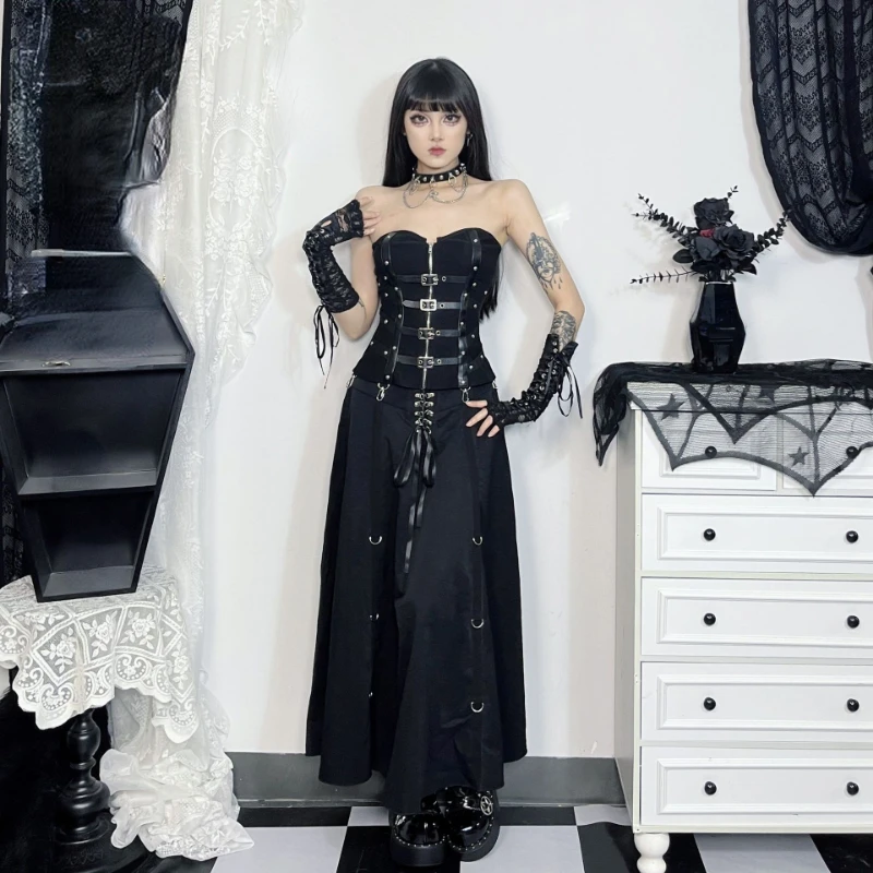 تنانير نسائية هاراجوكو سوداء بأشرطة عتيقة ملابس الشارع القوطية 2024 صيفية Jupe فام Y2k جمالية على شكل حرف a الجرونج Faldas Mujer