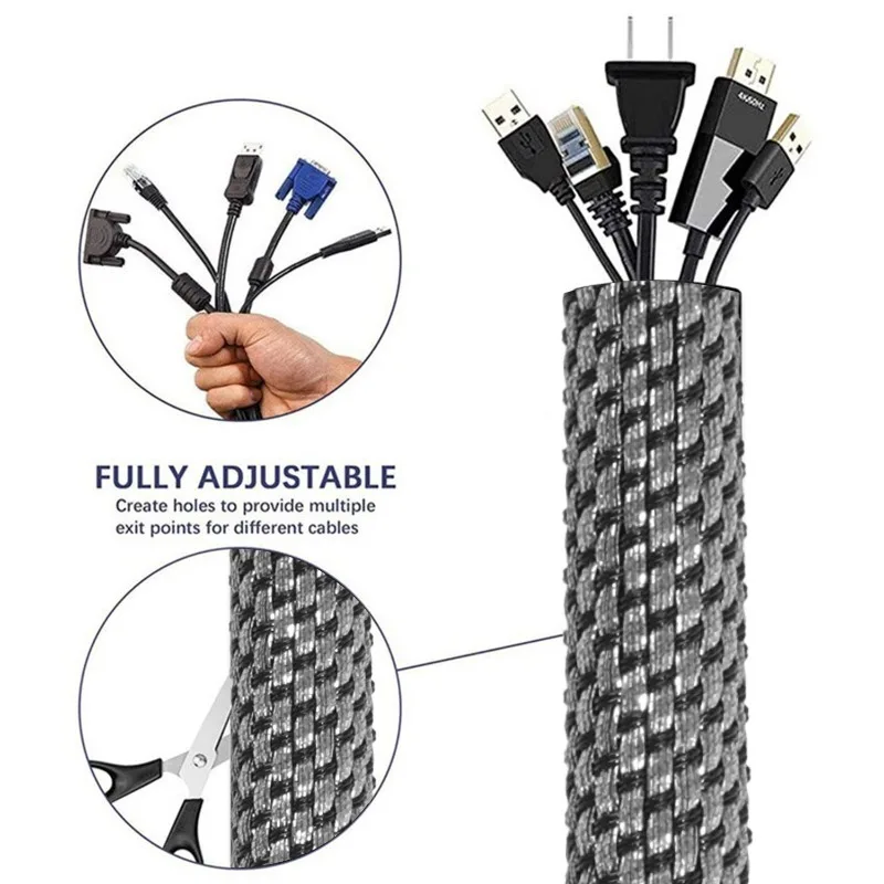 Cable Management Sleeve Braided Cable Anti Tear Bite Wrapping Line Sleeves for Desk PC TV Wire Protector Line Wrap Cover