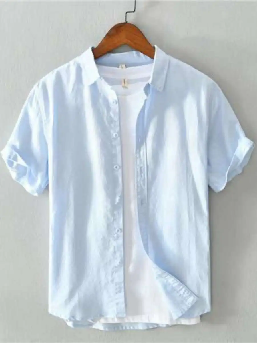 

New Pure Color Linen Men's ort Sve Loose Top Summer Thin Collar White Cotton Linen Material irt Casual Spring Faion