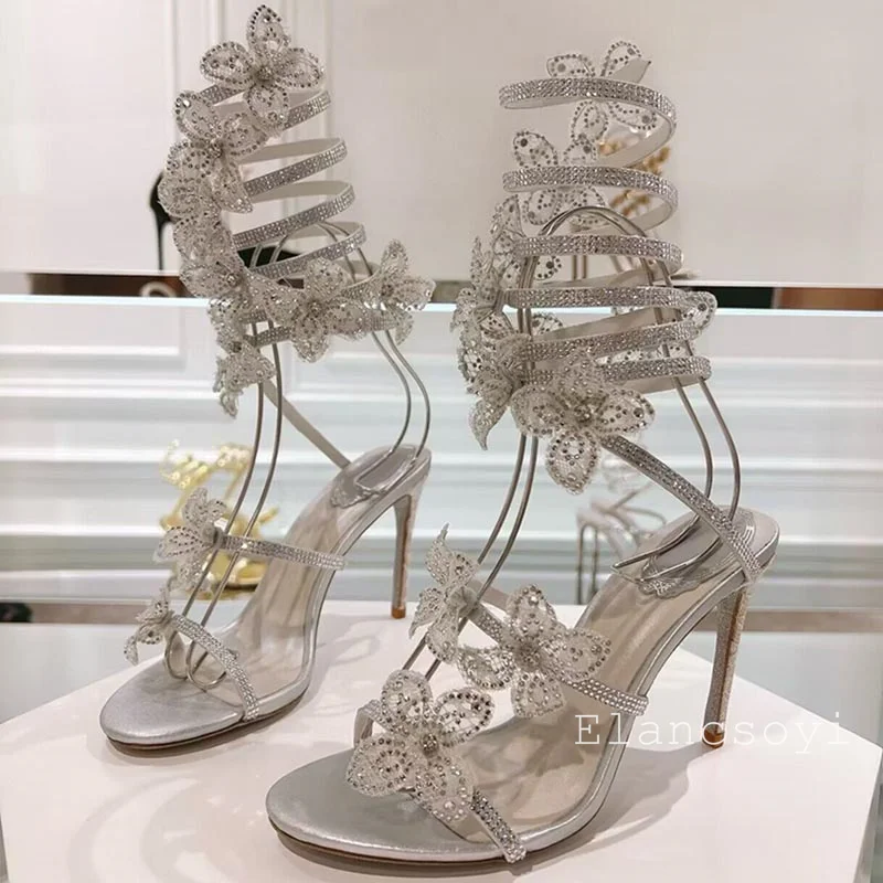 Summer Genuine Leather Sparkling Bow Crystal Sandals Women's Gladiator Ankle Strap Fashionable Sandalia Sexy Party Dress Shoes