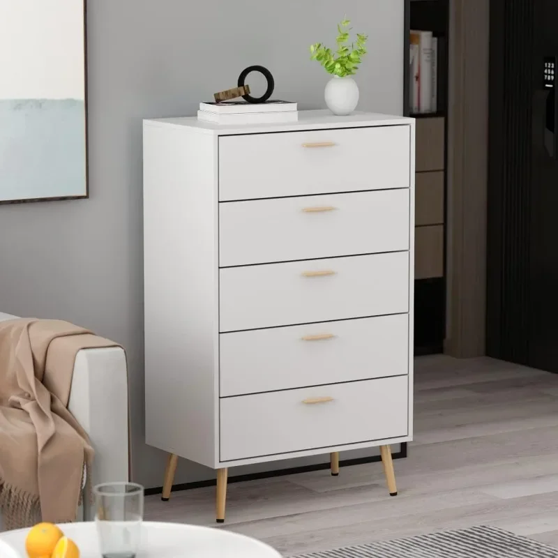 Modern Dresser Storage Chest with 5 Drawers, Wood Dresser Chest with Gold Metal Legs and Handles for Bedroom, Living Room, White