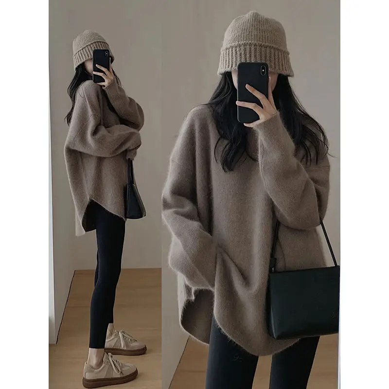 Spring Women New Korean Sweater Loose Knitting Warm Round Neck Falling Shoulder Sleeves Long Sleeved Solid Color All-match Tops