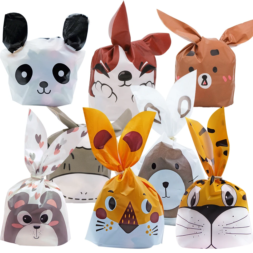 10/20pcs Plastic Carton Animal Candy Bags Rabbit Ear Bags For Kids Birthday Party Biscuits Baking Gifts Packaging Supplies