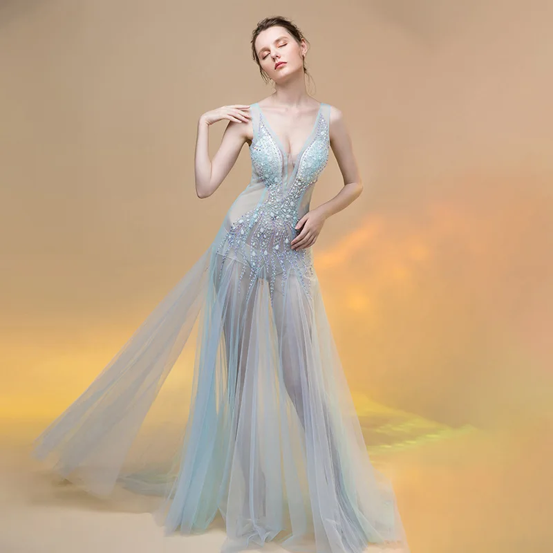 

Handmade Long Evening Gown See-tough Deep V-ne Sexy Me Diamond Stitched No-sve Nylon Fabric for Date And Performance
