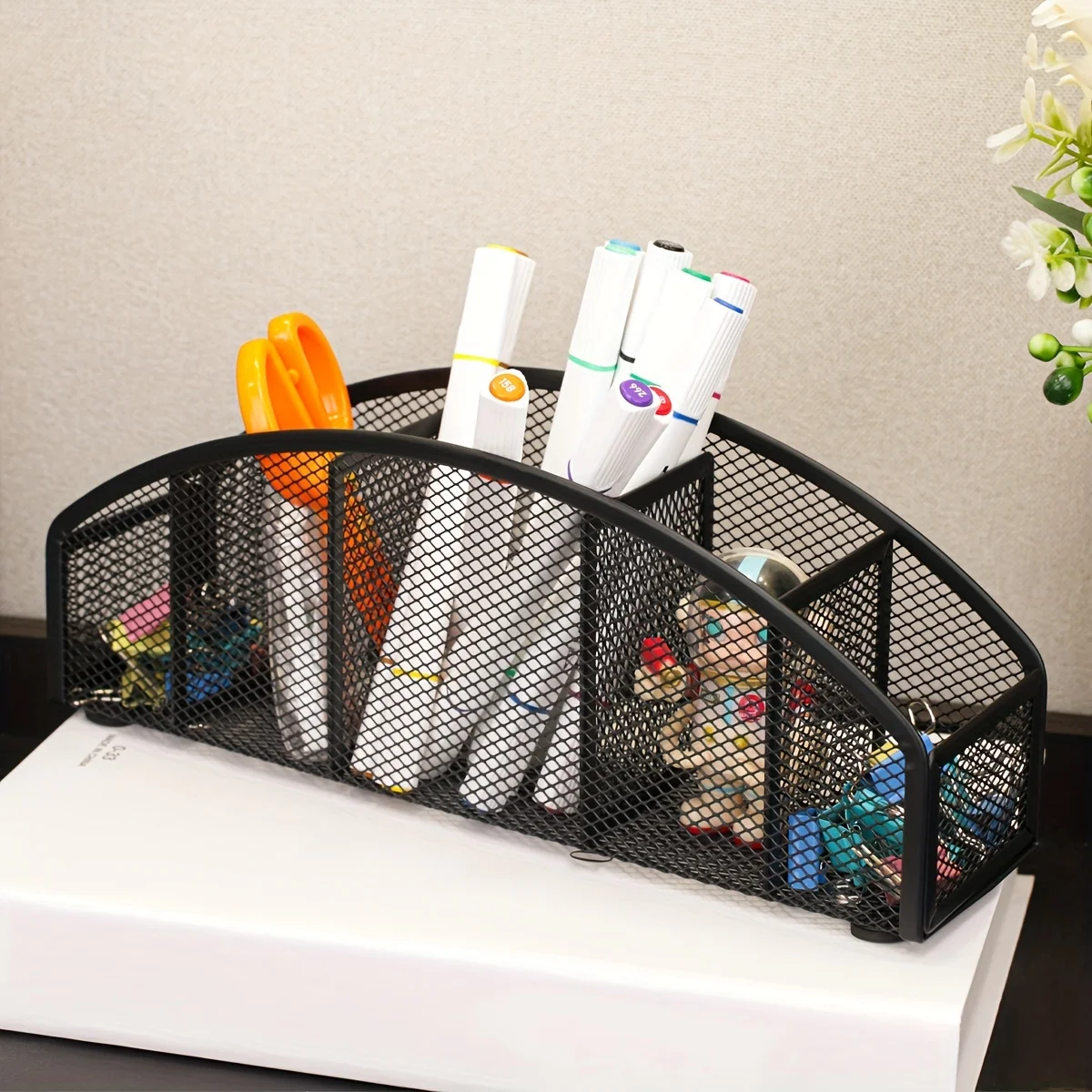 1pc Black Metal Grid Pen Holder, Multifunctional 5-grid Desktop Stationery  Pen Holder, Suitable For Student Desk And Office Des