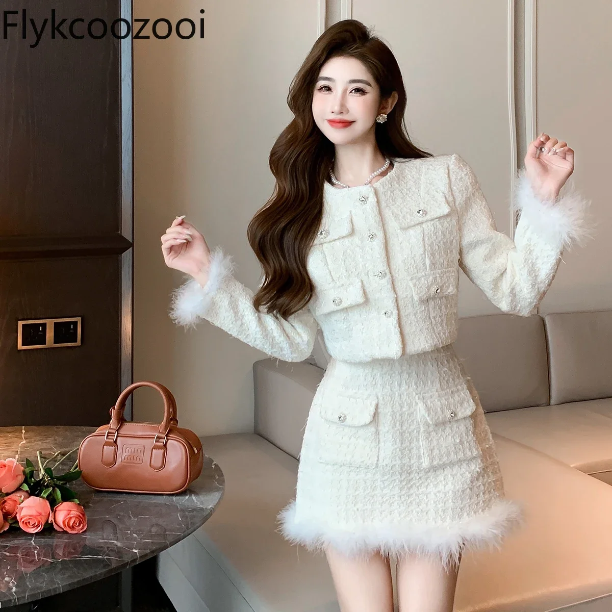 Fashion Roupas Femininas Conjuntos Stocked Available Premium Elegant Flash Tweed Suit for Women Female Blazer Sets with Skirt