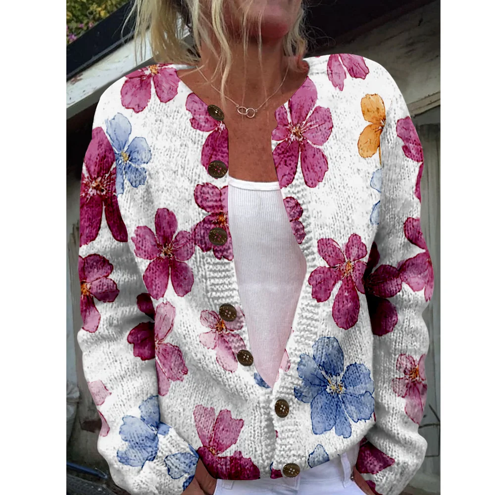 

Осень-зима вязаный милый кардиган с цветочным принтом, свитер, уличная одежда, женские свитера, вязаный топ, повседневные крутые джемперы, модные