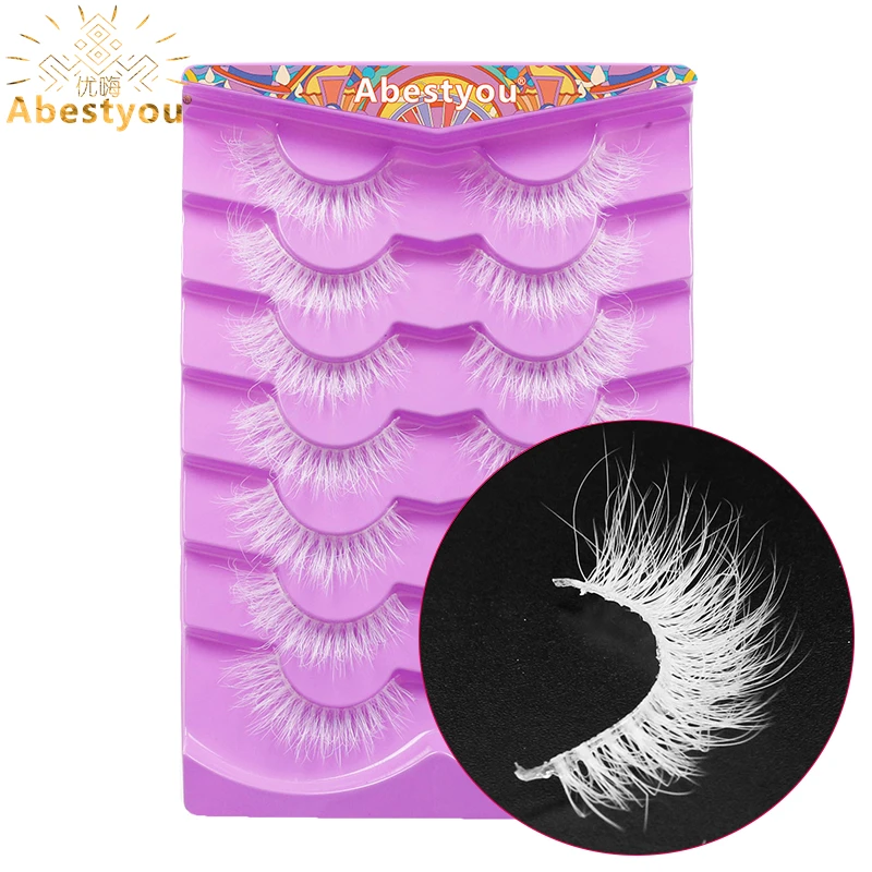 

Abestyou 7pairs 16mm Invisible Transparent Strip Pure White Colored Cosplay Manga Lashes Fluffy Wispy Soft Luxury Mink Eyelashes