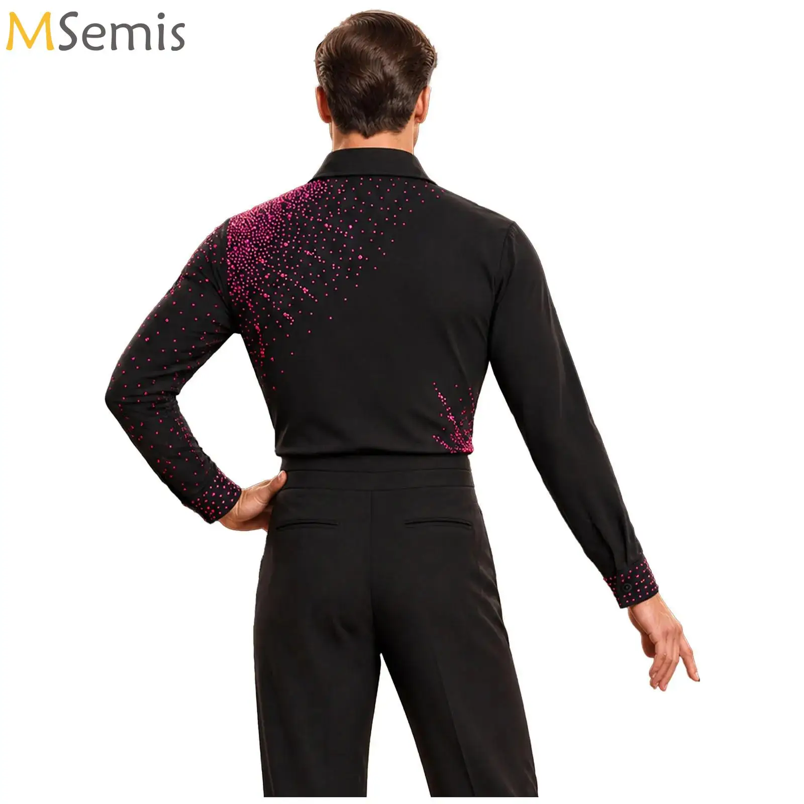 Men's Latin Dance Top Adult Cha Cha Sha Tango Ballroom Dance Competition Professional Clothing Shiny Rhinestones Practice Shirt