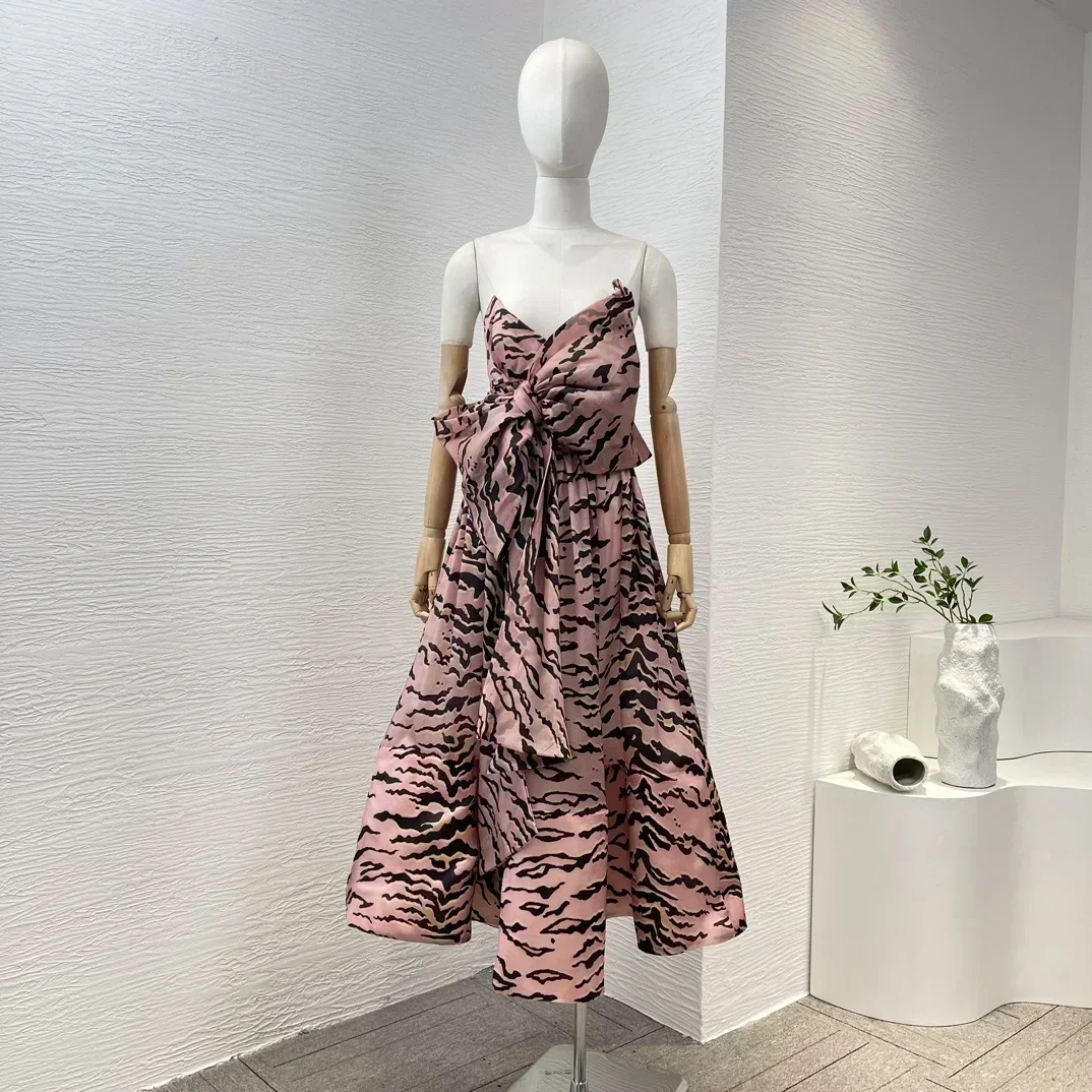 

Women Clothing 2023 New High Quality Holiday Crinkle Silk Big Bow Pink Tiger Stripes Printing Midi Dress for Women