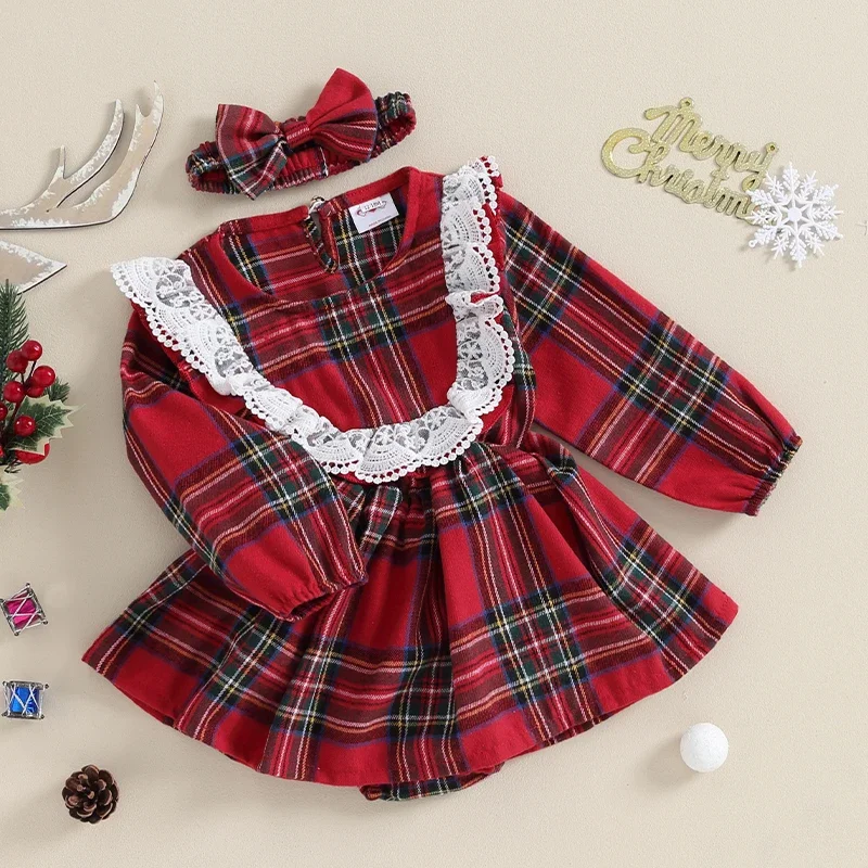 Baby Girls Christmas Rompers Dress Clothes Plaid Lace Trim Crew Neck Long Sleeve Xmas Bodysuits Dresses with Headband