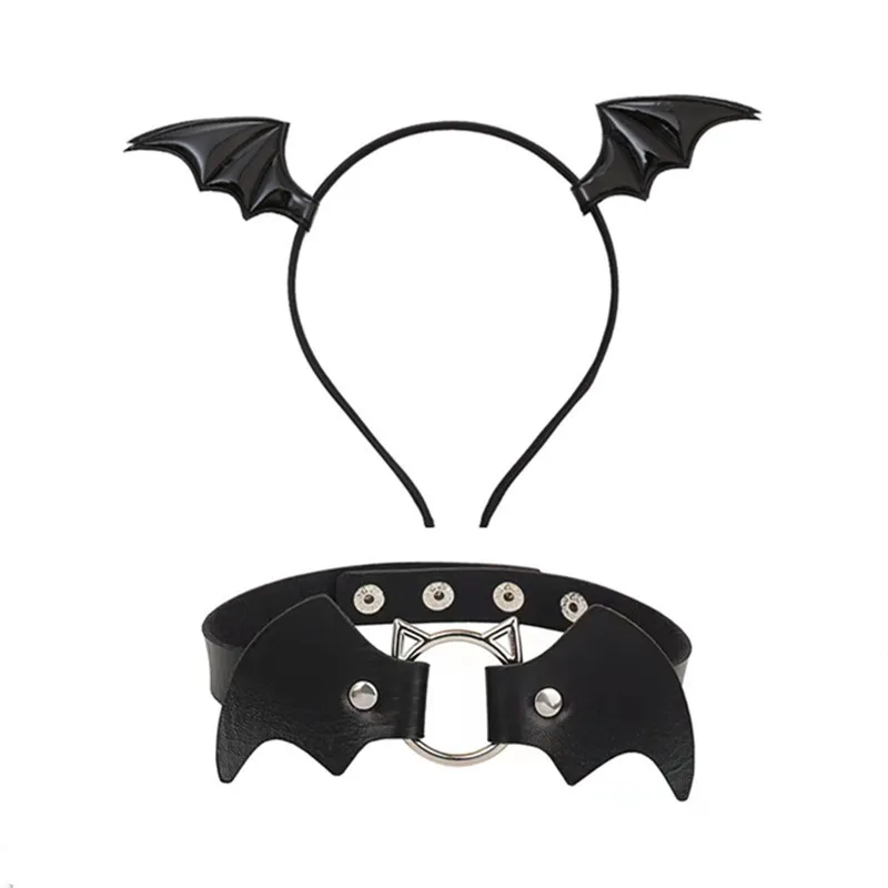 Punk Bat Wings Headband Choker Suit Women Girls Devil Cosplay Hairpin Anime Gothic Headwear Halloween Hair Accessories Jewelry