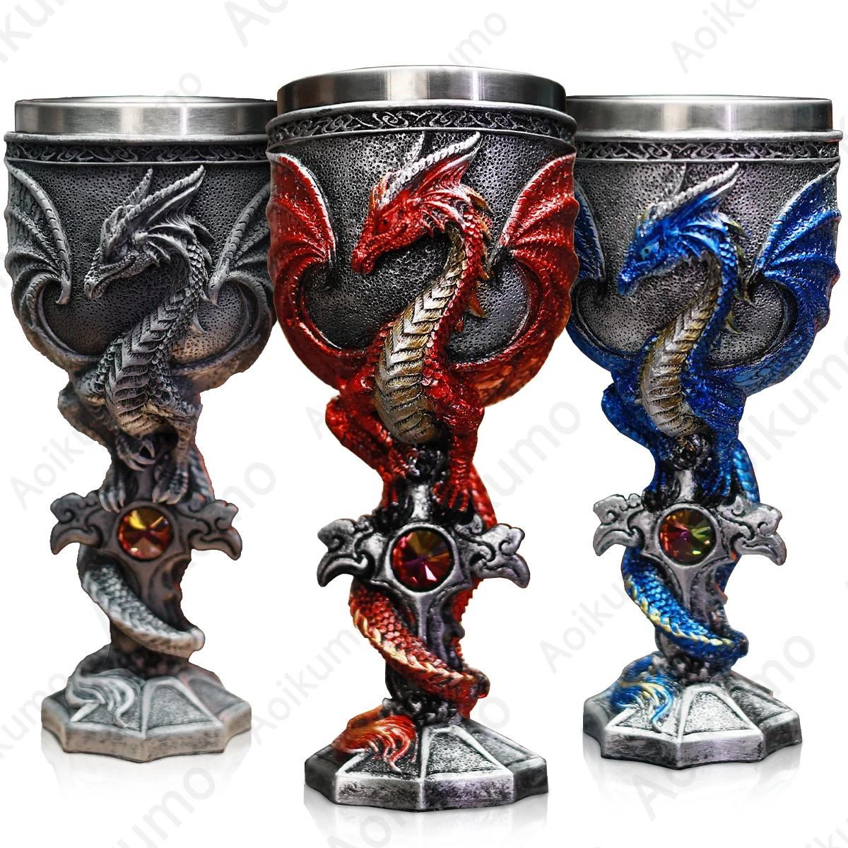 Copa de espada cruzada con gema de dragón malvado, inserto de acero inoxidable, Trink de fantasía gótico Retro, copa de vino Kelch, cáliz