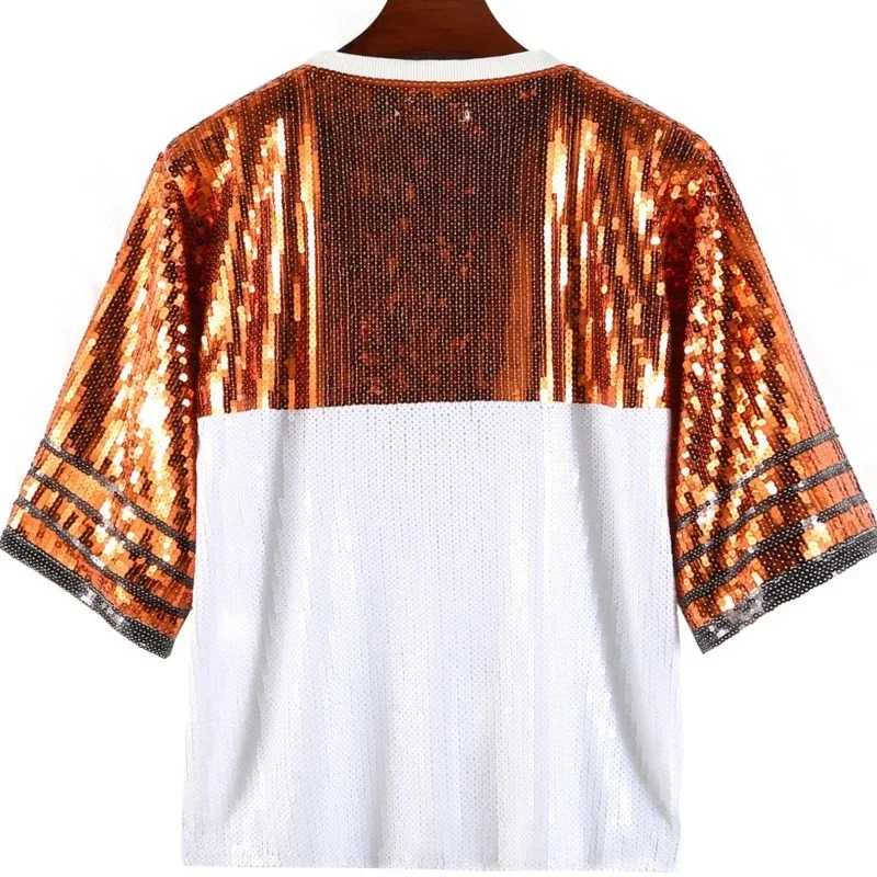 Sequin Football Jersey Shirt Short, Sleeve Sparkly Embroidered Beaded Tee, Women Game Day Party Club, Performance Team Uniform
