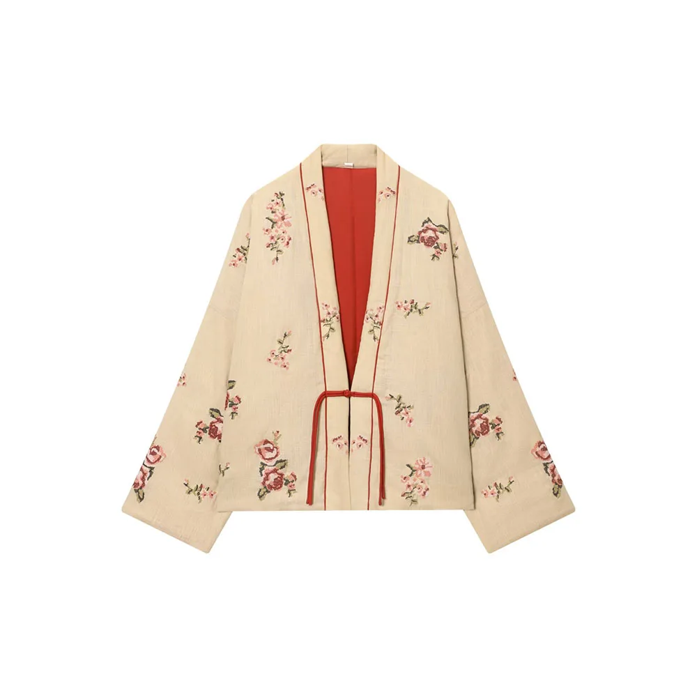 

Осенняя новая женская модная хлопковая куртка с v-образным вырезом и длинными рукавами с цветочной вышивкой