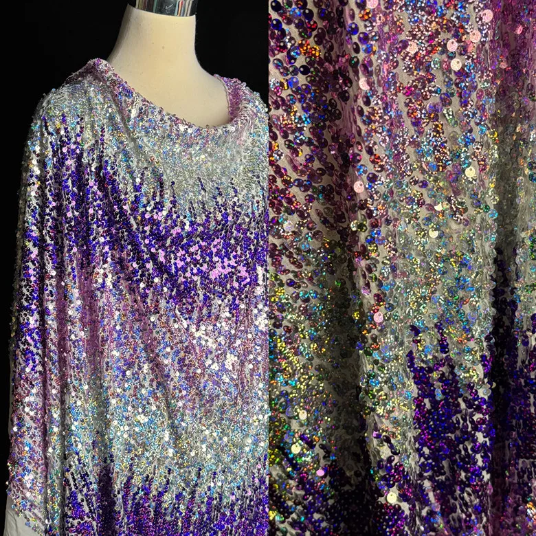 

Knitted stretchy purple gradient embroidered sequin fabric for high-end dresses wedding gowns skirts designer fabric by meters