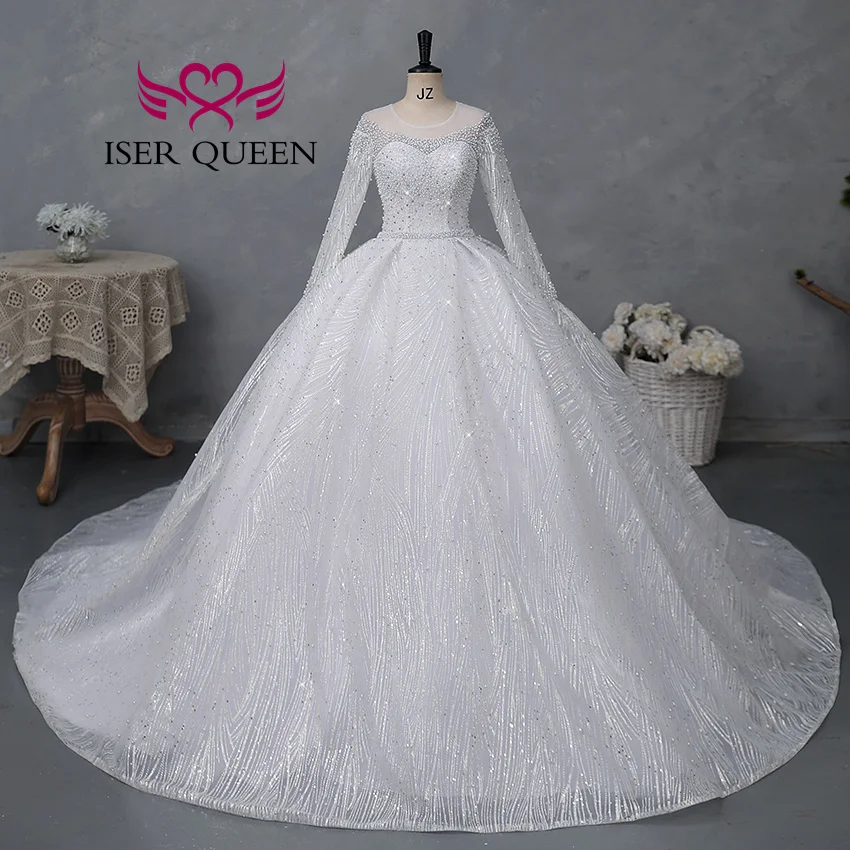 Customized Sheer Neck Long Sleeves Wedding Dress 2025 New Fashion Pearls And Crystal Beaded Luxury Wedding Dress Bride WX0467