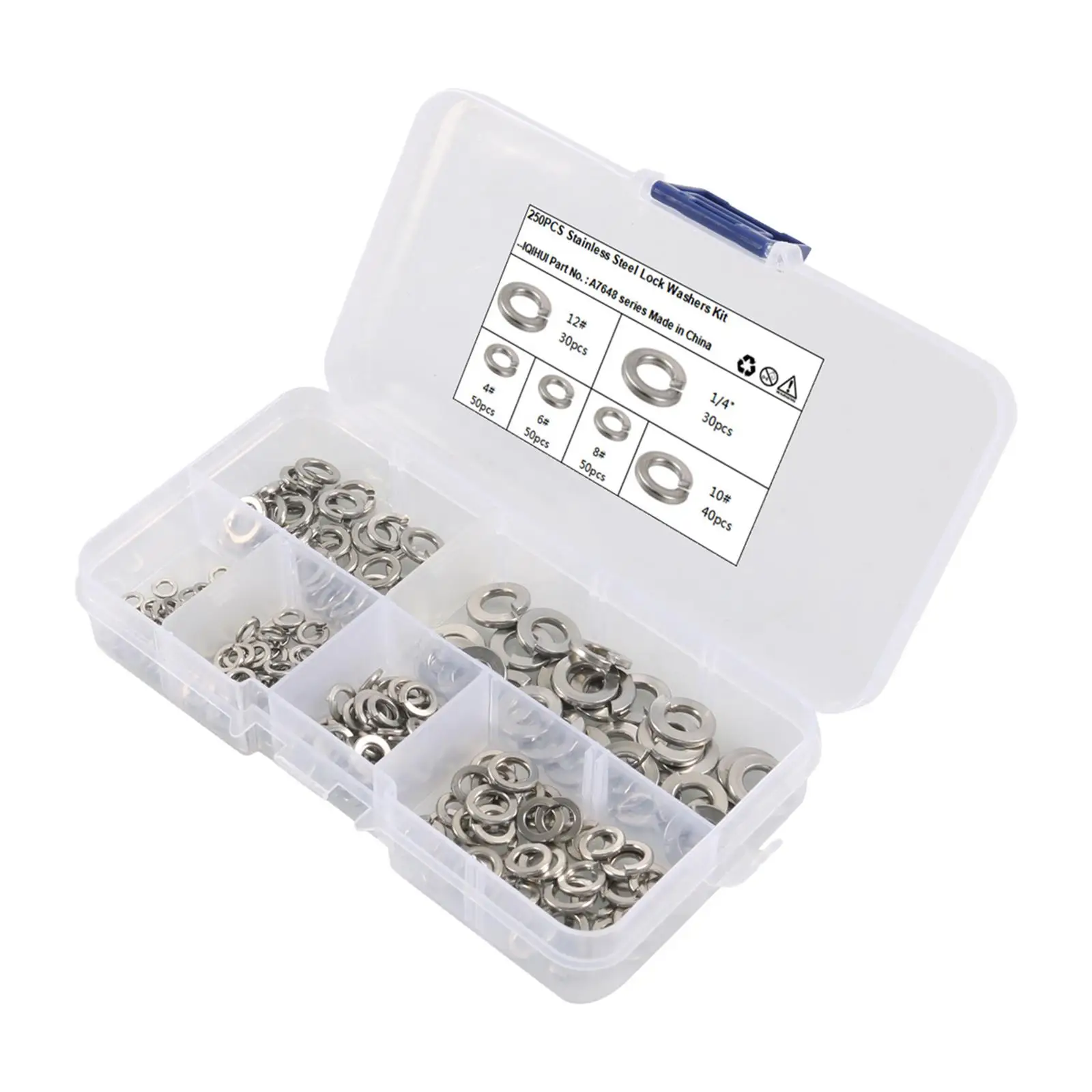 250pcs Spring Washer Assortment 304 Stainless Steel Split Lock Washers with Transparent Box for Electronics DIY Projects